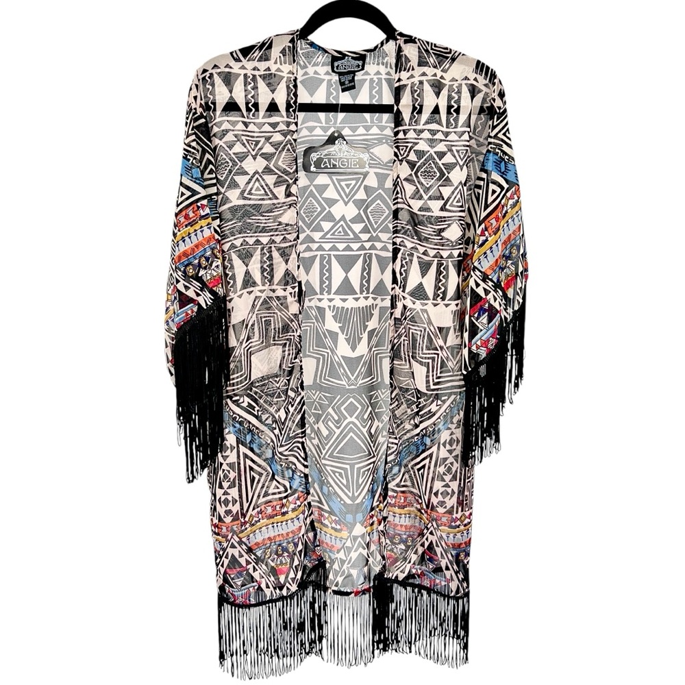 Angie NWT Aztec Fringed Kimono Sz M  Sheer Colorful Southwest Boho Semi Sheer